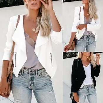 

Women Autumn Solid Color Lapel Long Sleeve Jacket Coat with Zip Sliming Lapel All-match Nylon Polyester Spandex Jacket woman