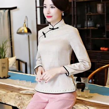 

2020 Solid Color Chinese Top Summer Vintage Long Sleeve Blouse National Chinese Style Tang Suit for Women Cheongsam Qipao Top