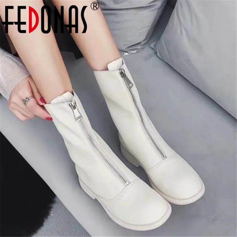 

FEDONAS Comfortable Genuine Leather Women Mid-Calf Boots Winter Newest Motorcycle Boots Night Club Shoes Woman Warm High Heels