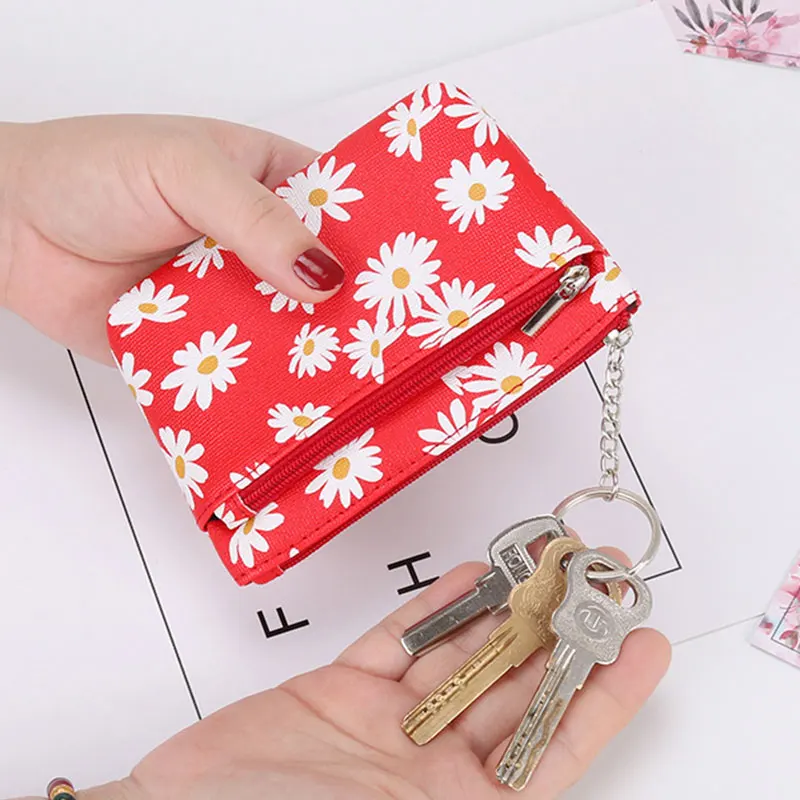 Daisy Print Coin Purse Women Mini Wallets Clutch With Zipper Keychain Small Coin Pouch Bag Female Pouch Key Card Holder Wallet