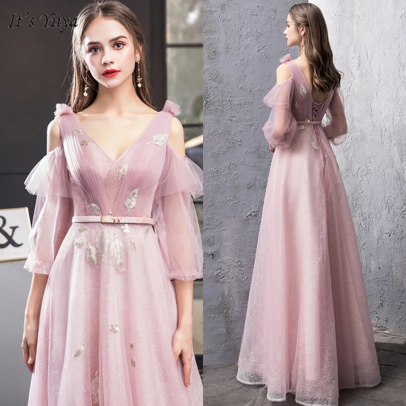 

It's Yiiya Evening Dress Backless Plus Size Half Sleeve Robe De Soiree V-Neck Crepe Floor-Length Women Party Dresses V140