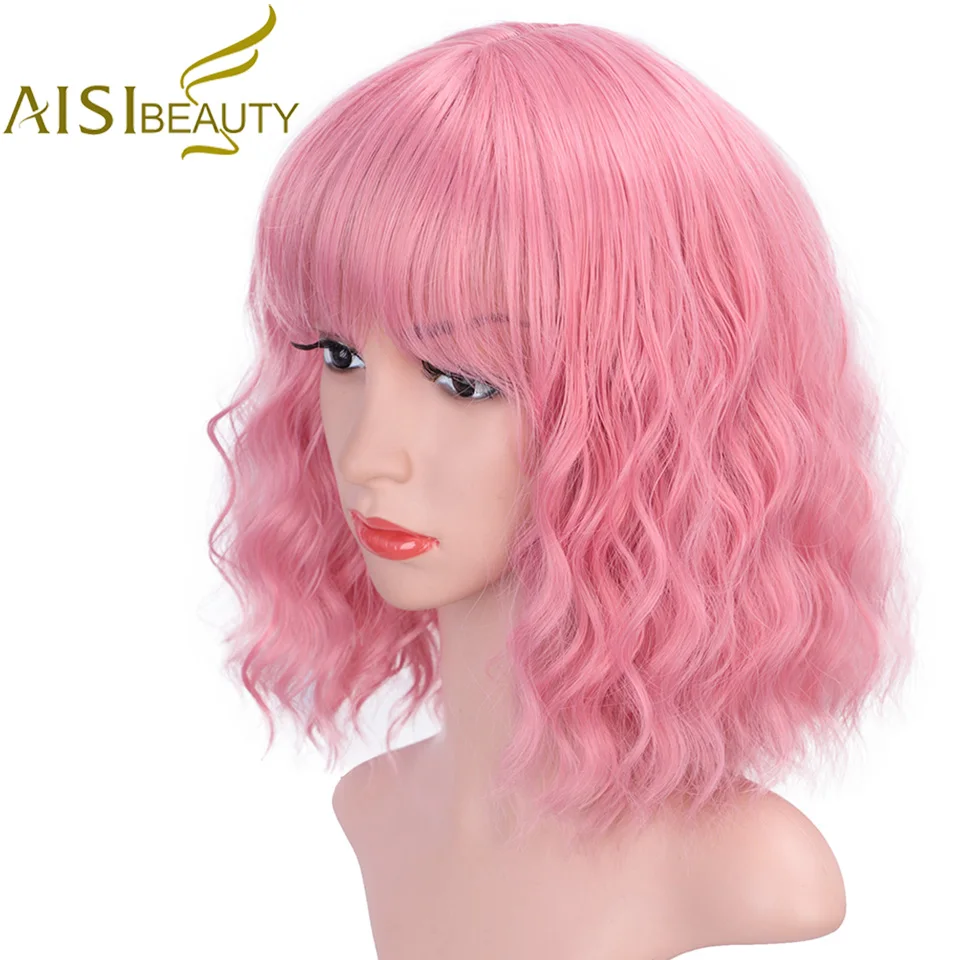 AISI BEAUTY, короткий парик с челкой, волна воды, синтетические парики для женщин, розовый, милый, Лолита, косплей, женский, на каждый день, накладные волосы