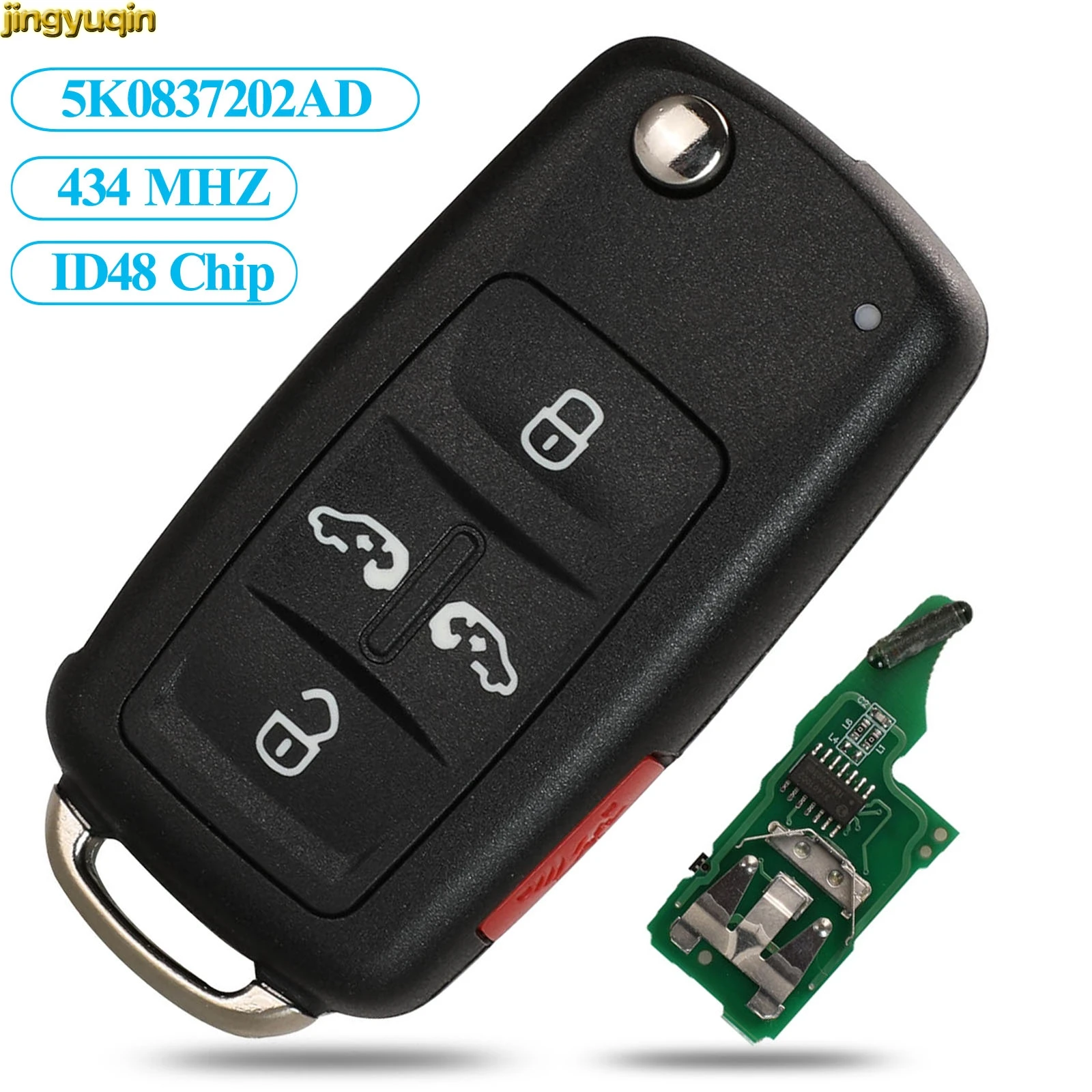 Jingyuqin Flip Remote Car Key Control 434MHZ ID48 For VW Volkswagen Sharan Multivan Caravelle 5K0837202AD 7N0837202K 5 Buttons