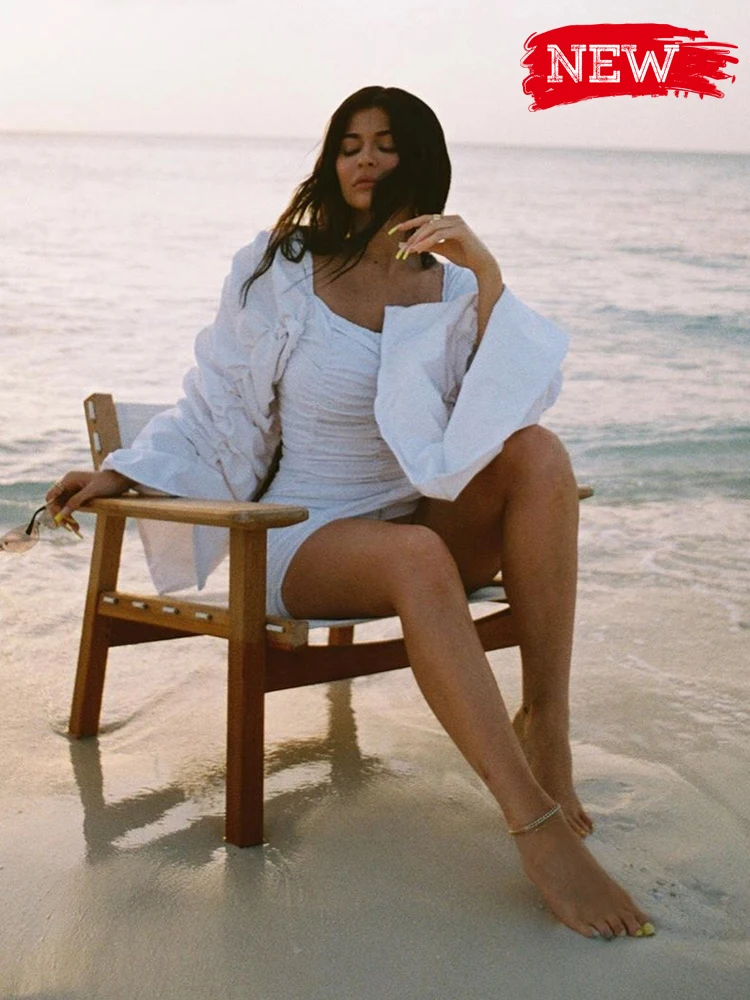 Зимнее белое шелковое платье с рюшами для Kyliejenner, длинные рукава, мини вечерние женские платья, новинка