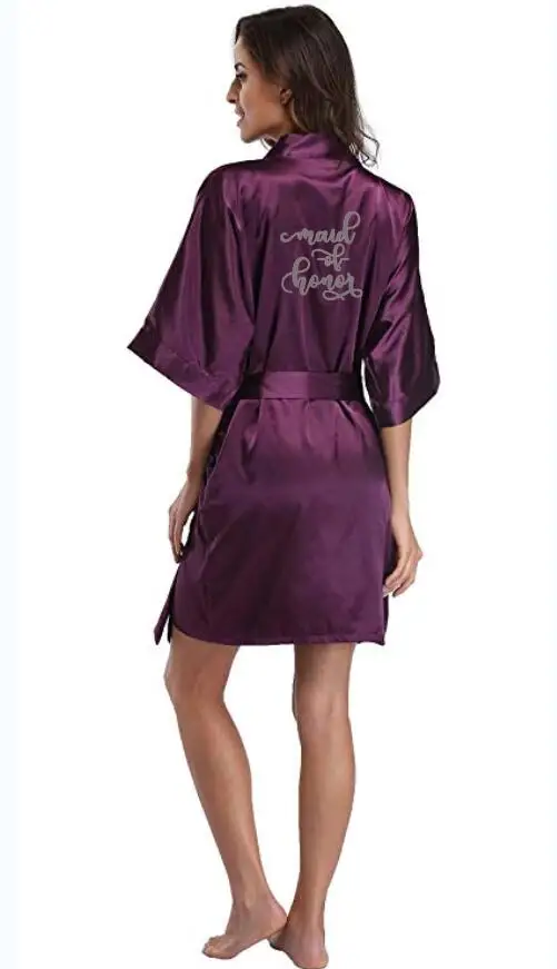 Фиолетовый халат серебро письмо кимоно атласная пижама Свадебный халат Подружка невесты, сестра мать невесты халаты
