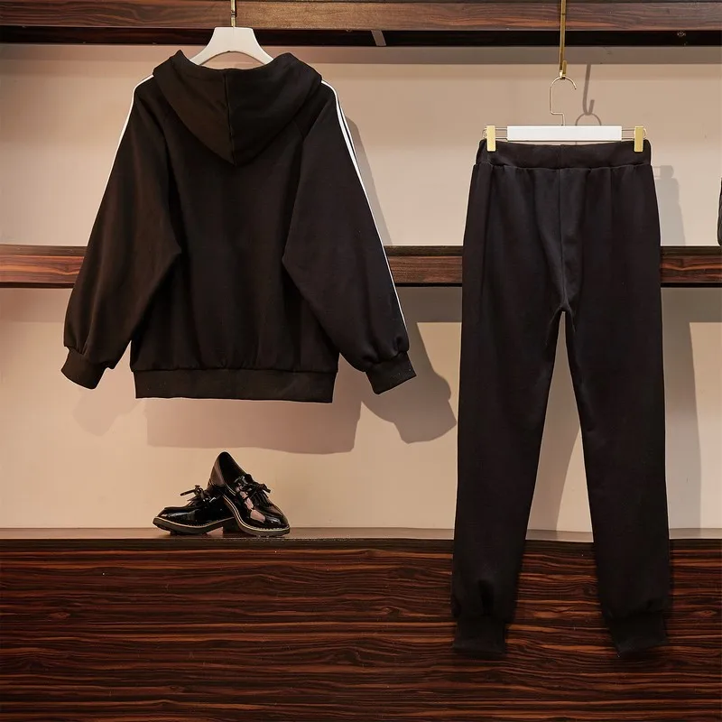 Tanie Big Size Fashion dres kobiety jesienne ubrania zimowe bluzy z długim rękawem + spodnie dwuczęściowy zestaw duży Plus rozmiar czarny zestaw sportowy