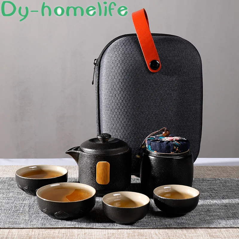 

Japanese-style Creative Black Pottery Quick Cup 1 Pot 2 Cups 4 Cups Ceramic Travel Tea Set Tea Pot Portable Bag Combination