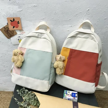 

NEW-Contrast Stitching Canvas Women's Backpack Fashion Youth Student School Bag 15.6-Inch Laptop Bag Travel Bag