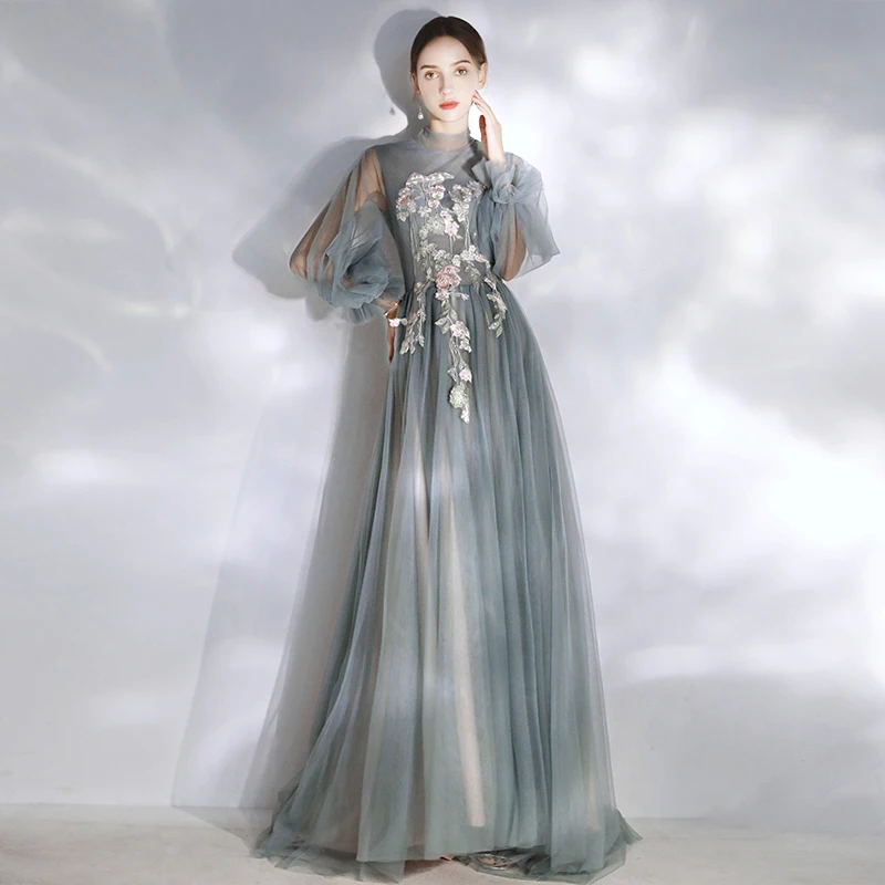 SSYFashion Новое романтическое цветочное сказочное вечернее платье с длинными рукавами, кружевной аппликацией, бисером, серое, синее длинное платье для выпускного вечера, торжественные платья под заказ - Цвет: grey blue