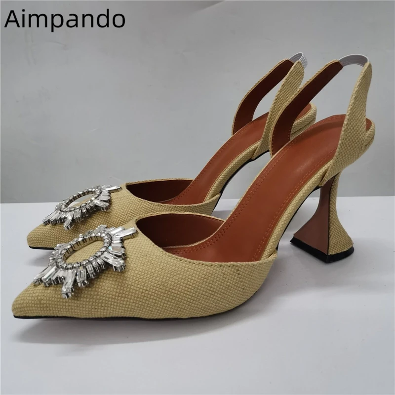 

Sunflower Crystal Buckle Gladiator Sandals Women Back Strap Sexy Point Toe 9.5cm Goblet Heel Linen 2020 Summer Shoes Woman