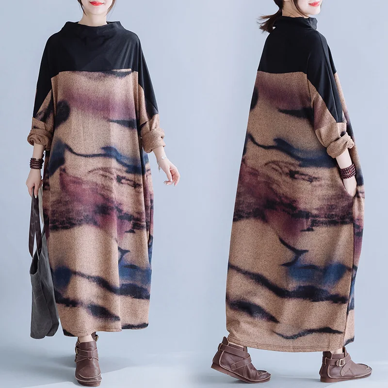 

Autumn And Winter National Wind Retro Rendering Printed Joint High Collar Pocket Dress Robe