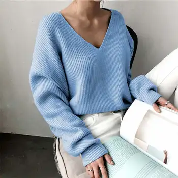 

2020 Autumn Sweaters ZANZEA Women Casual Knitted Pullovers Ladies Fashion V Neck Knitwear Cotton Pull Femme Long Sleeve Sweater