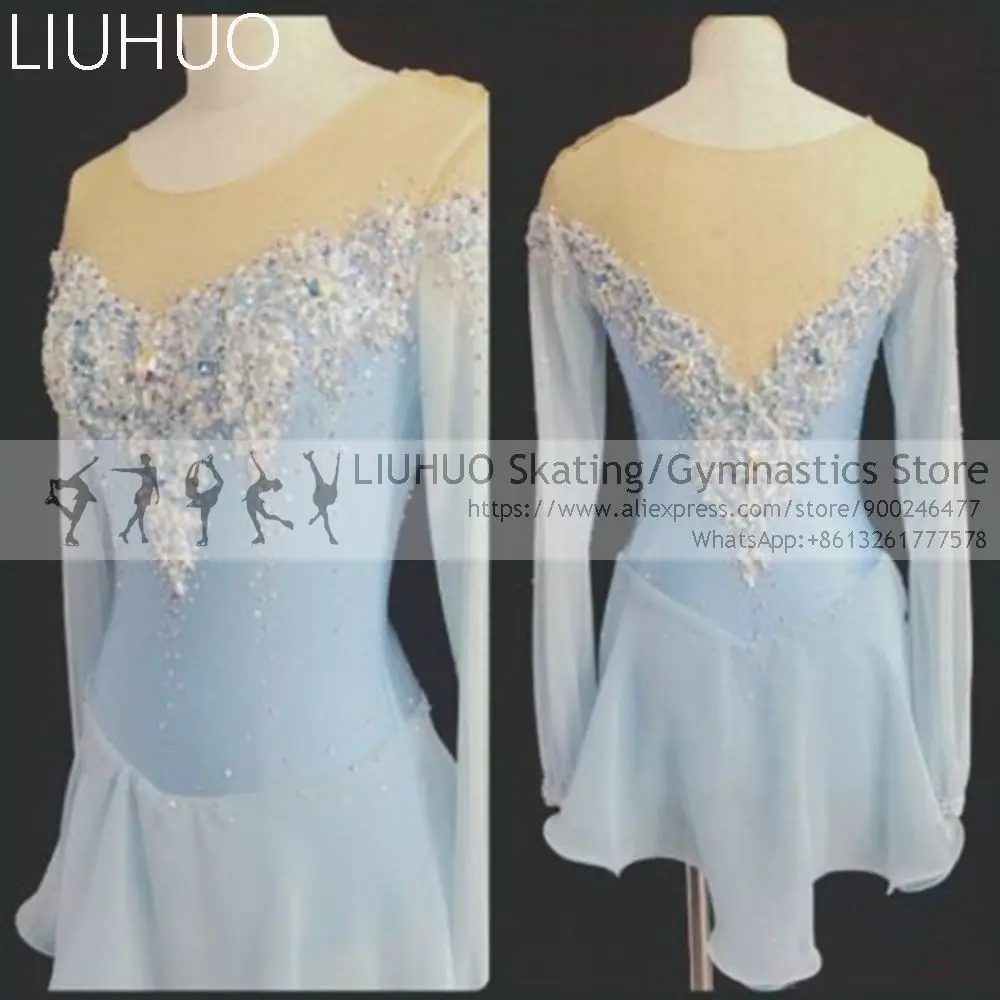 FigureSkatingDressGirlsSkyblueEmbroideryflowersIceSkating