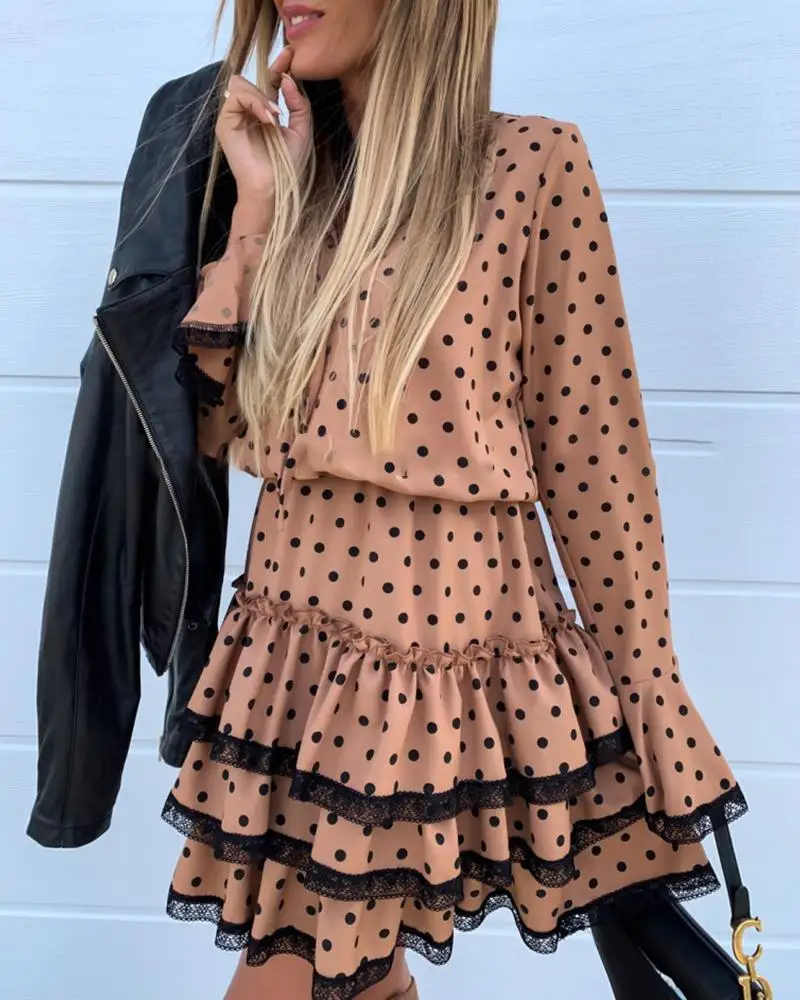 

2019 Elegant Women Fashion Mock Neck Vintage Lace-up Long Sleeve Dress Dot Lace Patchwork Drawstring Design Pleated Dress