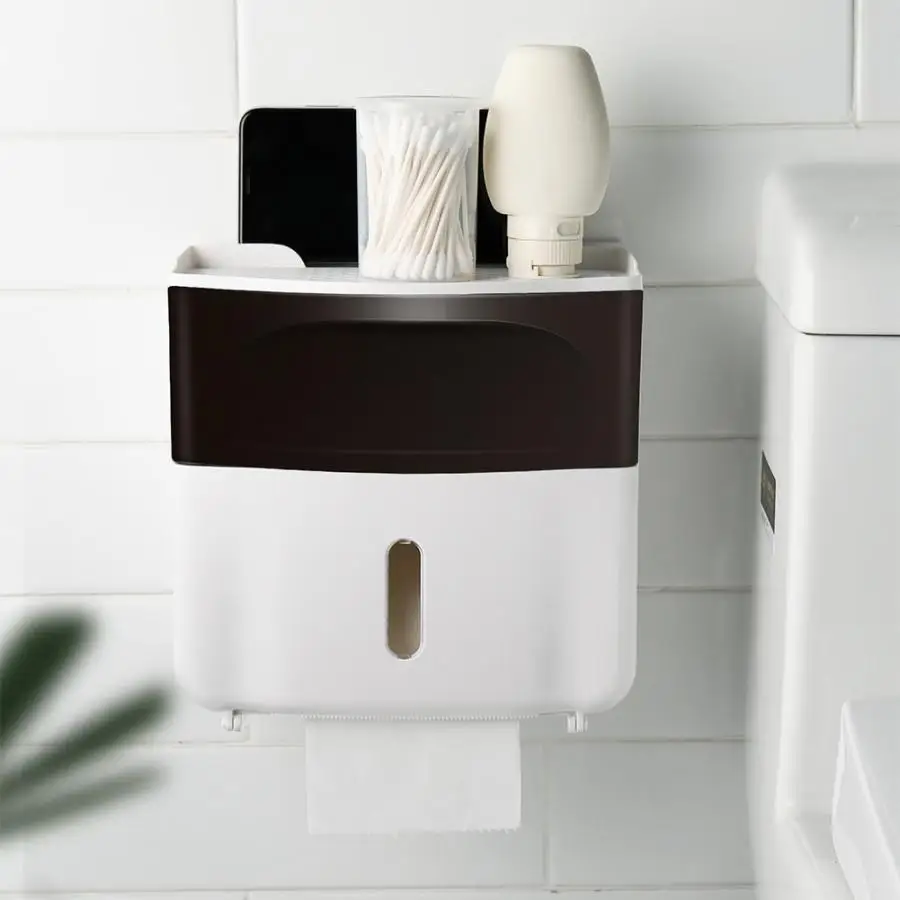

Wall Mounted Bathroom Toilet Paper Holder w/ Phone Shelf Waterproof Tissue Paper Towel Storage Rack Bathroom Organizer