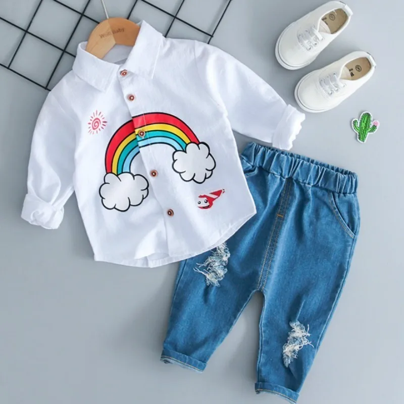 Комплект для мальчиков, одежда для новорожденных, детская Радужная футболка для маленьких мальчиков и девочек, комплект из топа и джинсов с дырками и штанов