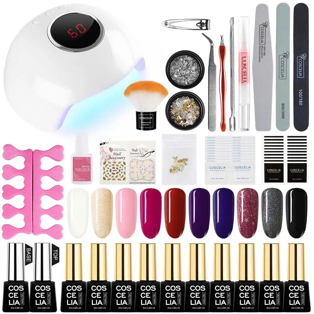 8ml nail kit Set A COSCELIA, 10 цветов, Гель-лак, базовое верхнее покрытие, Гель-лак для ногтей, набор с 24 Вт УФ светодиодной лампой для электрического маникюра, все для маникюрного комплекта - Цвет: 8ml nail kit Set A
