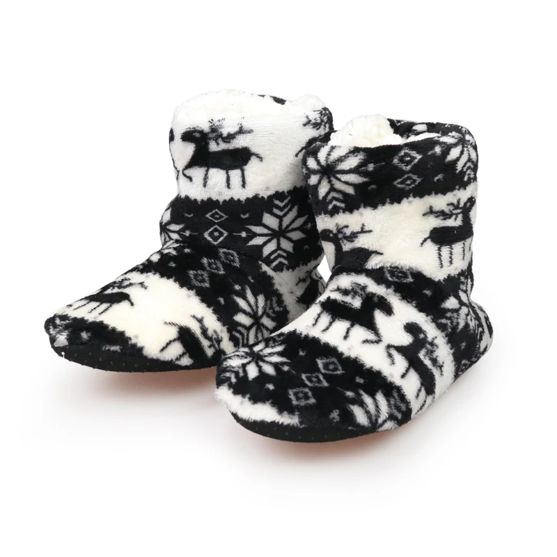 Zapatillas femeninas de cuero para el invierno, chanclas de felpa para calentarse, chancletas de uso interior en el hogar de estilo navideño, de algodón, para mujer