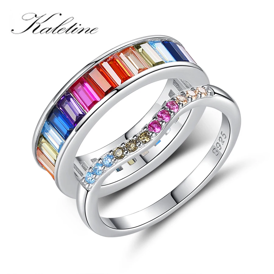 925 Sterling Silver Colorful Rainbow Water Droplet Clear CZ Finger Rings for Women Wedding Engagement 100% KALETINE silver rings silver ring wedding rings