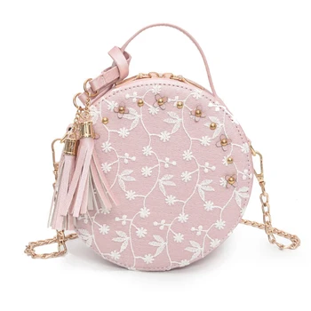 

Sweet Lace Round Handbags High Quality PU leather Women Crossbody Bags Female Small Fresh Flower Chain Shoulder Bag Pink