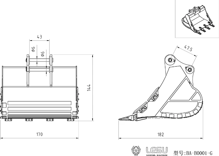 BA-B0001-G(铲斗)总装尺寸图示-Model