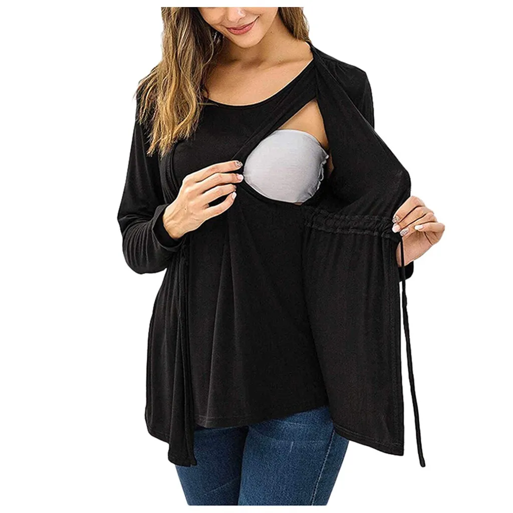 Одежда для грудного вскармливания женские осенние Топы с длинным рукавом Двухслойная футболка для кормления грудью odziez ciazo - Цвет: Black