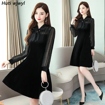 

2019 Vintage Black Chic Velvet Mini Dresses Autumn Winter 4XL Plus Size Long Sleeve Dress Elegant Women Bodycon Party Vestidos