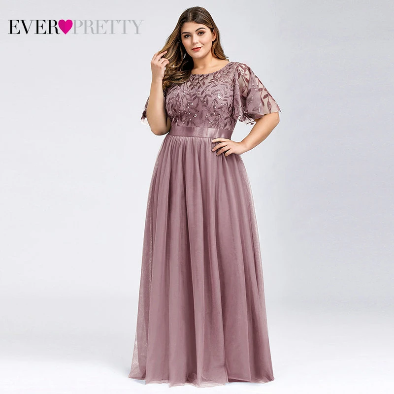 Dusty Pink Вечерние платья с блестками размера плюс, элегантные вечерние платья трапециевидной формы с круглым вырезом из тюля, Vestido Noche Elegante - Цвет: Dusty Pink