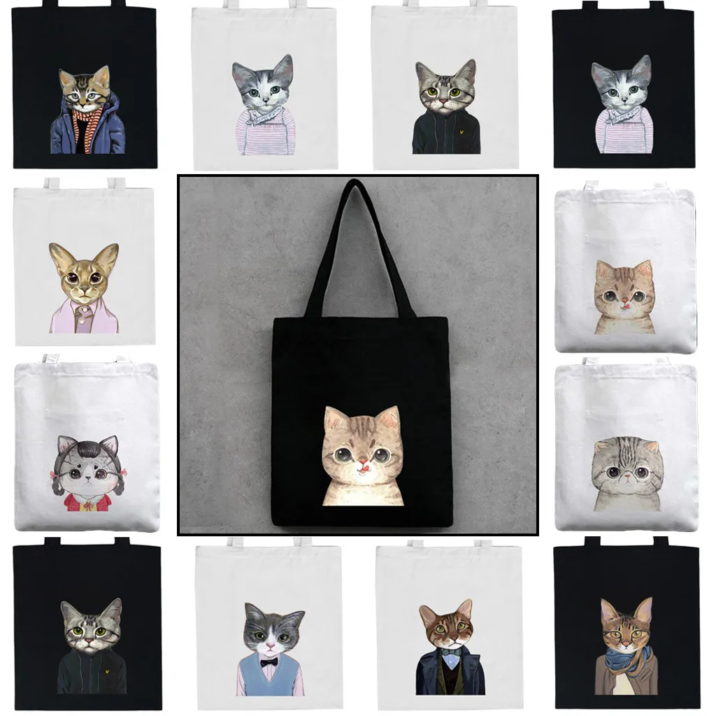 

Canvas Bags Shoulder Bag Casual Fashion Women Canvas Printing Cute Cat Shoulder Bags Large Capacity Shopping Bag bolsa feminina