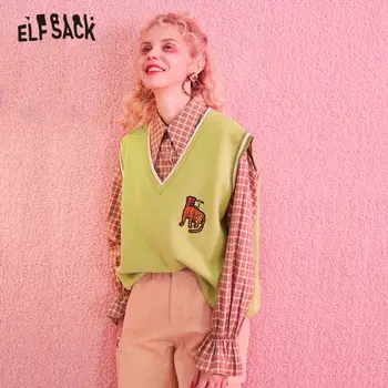 

ELFSACK Green Solid Tiger Embroidery Knit Women Sweater Vest 2020 Winter New Colorblock V Neck Sleeveless Female Casual Tops