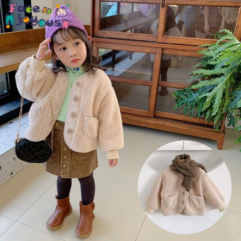 Осенне-зимнее детское Свободное пальто в Корейском стиле для мальчиков и девочек Шерсть ягненка утепленное пальто Детская куртка топы
