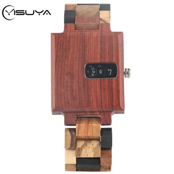 

YISUYA Red Wooden Rectangle Case Watch Men's Mixed Color Wooden Watches Turntable Display Clock Quartz Watch Man Top Luxury 2020