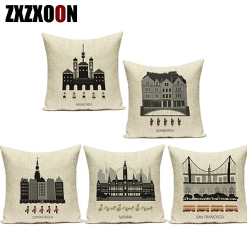 

Black White Cotton Linen European Architecture Decorative Pillows Cushion Cover for Sofa Home Living Room Decoration Cojines