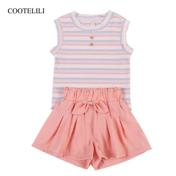 

COOTELILI Summer Baby Girl Clothes Cute Bow Cotton Kids Toddler Girls Clothes Sets Sleeveless Tee + Shorts T-shirt Vest