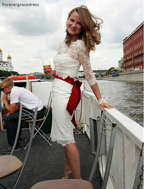 2017 Summer Beach Lace Wedding Dresses Short Two Pieces Simple Sheath Long Sleeves Sheer Bridal Gowns Knee Length  98 (5)