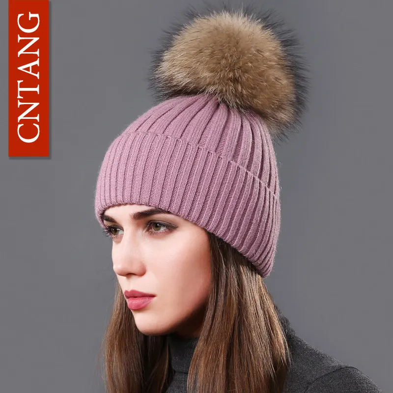 Classic Multiple Styles Women Beanie Winter Warm Fashion Raccoon Fur Pompom Hats Knitted Wool Cap Clearance Cheap High Quality 5