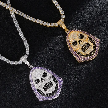 

US7 Skull Purple Stone Pendant Necklace Tennis Chain Gold Silver Color Cubic Zirconia Skull Necklace For Women Hip Hop Jewelry