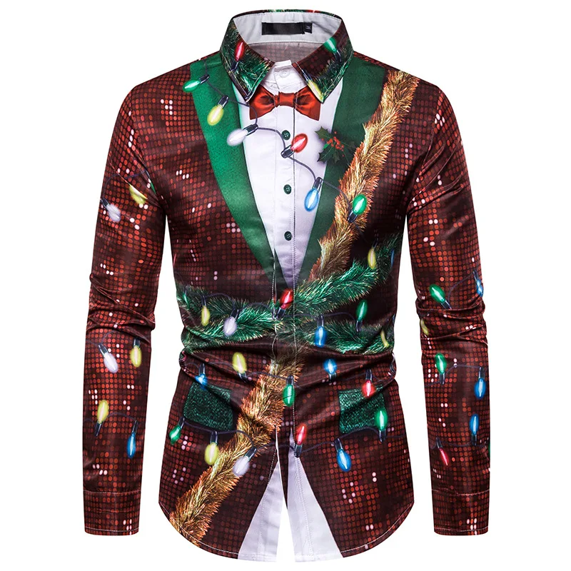 3D костюм с имитацией пайеток, Мужская Рождественская рубашка с принтом,, брендовая Рождественская рубашка, Мужская облегающая повседневная одежда, рубашки, рождественские вечерние рубашки, мужская одежда
