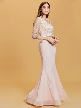 

Sexy Illusion Lace Print Evening Party Dress Women Elegant Chiffion Mermaid Long Dresses Formal Long Sleeve Robe De Soiree