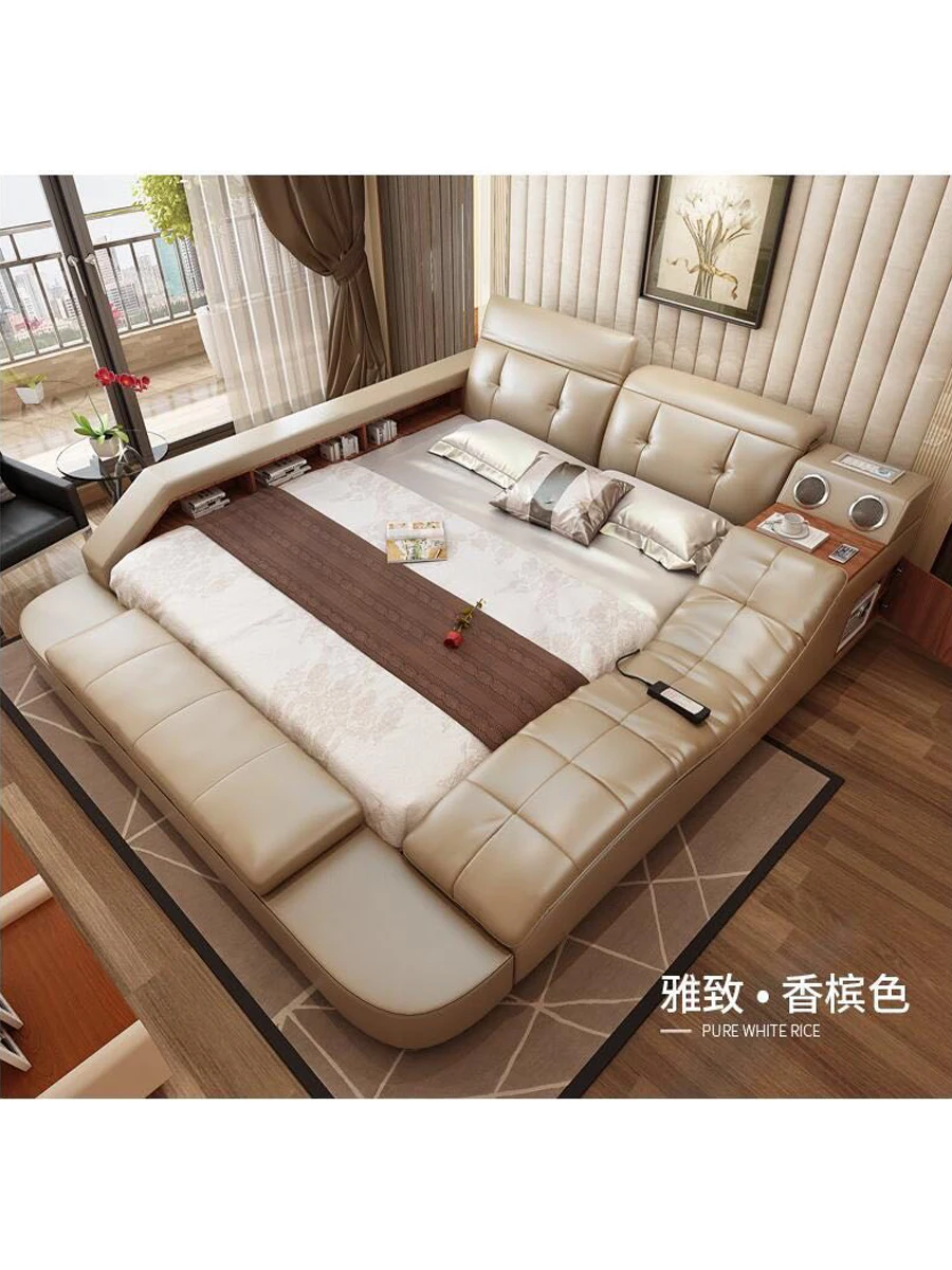 real genuine leather bed with massage /double beds frame king/queen size bedroom furniture camas modernas muebles de dormitorio