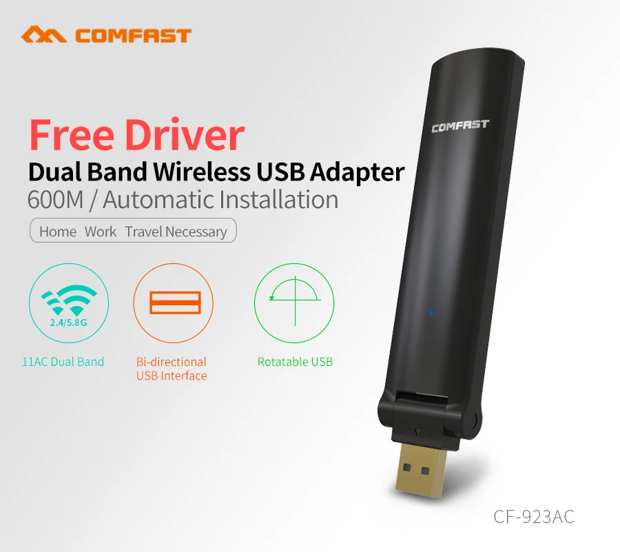 Comfast Free Driver 2,4G& 5,8G двухдиапазонный usb-адаптер 600 Мбит/с беспроводной передачи Plug& Play 11AC USB 2,0 Сетевая карта CF-923AC