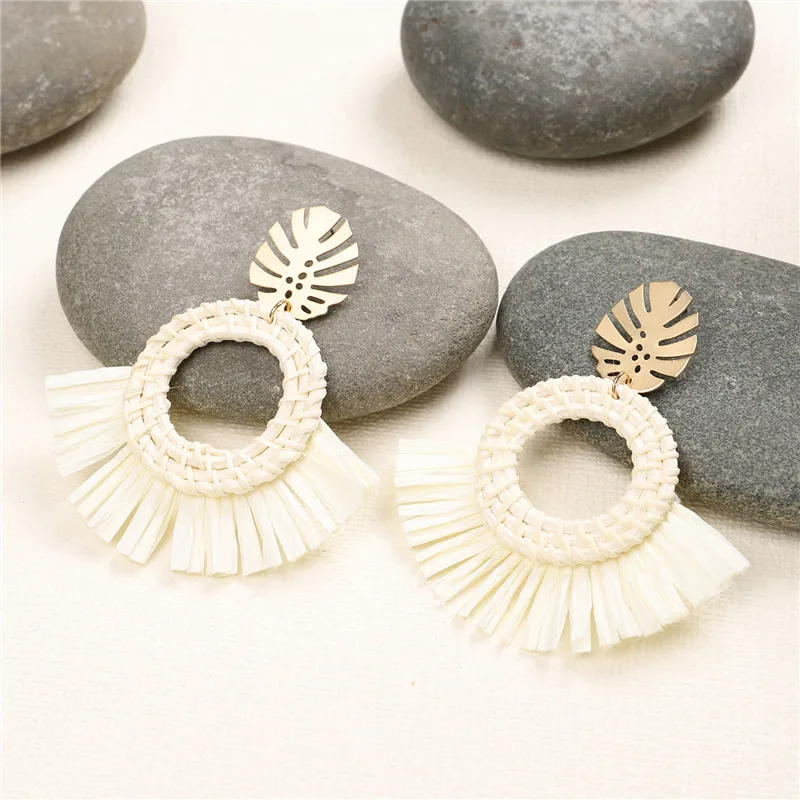 Женские плетеные серьги из ротанга и соломы 100% ручная работа белый цвет Золотые с