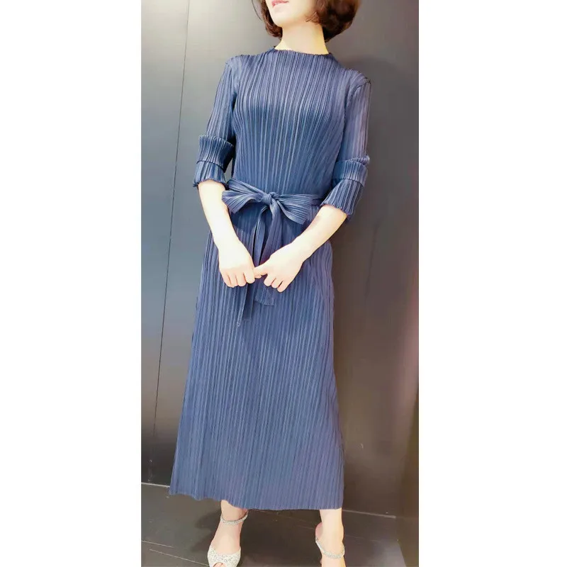 Осенне-зимняя Новинка, женская одежда MIYAKE, модное платье со складками, на шнуровке, необычное платье - Цвет: Тёмно-синий