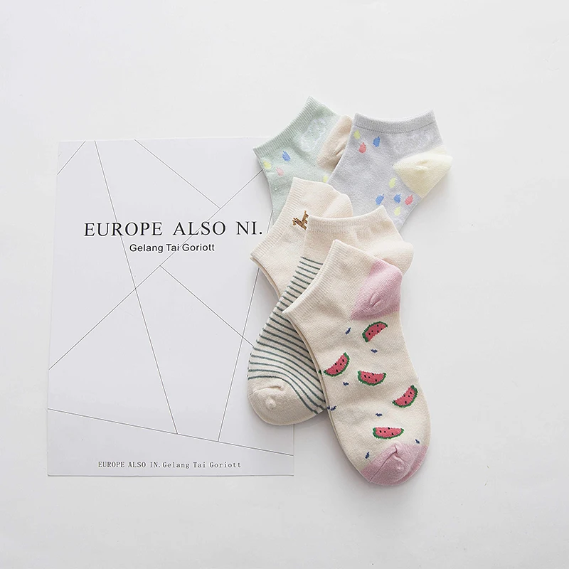 

korean style women socks cute animal print kawaii short summer cotton boat streetwear loli fashion ankle happy 1 pair