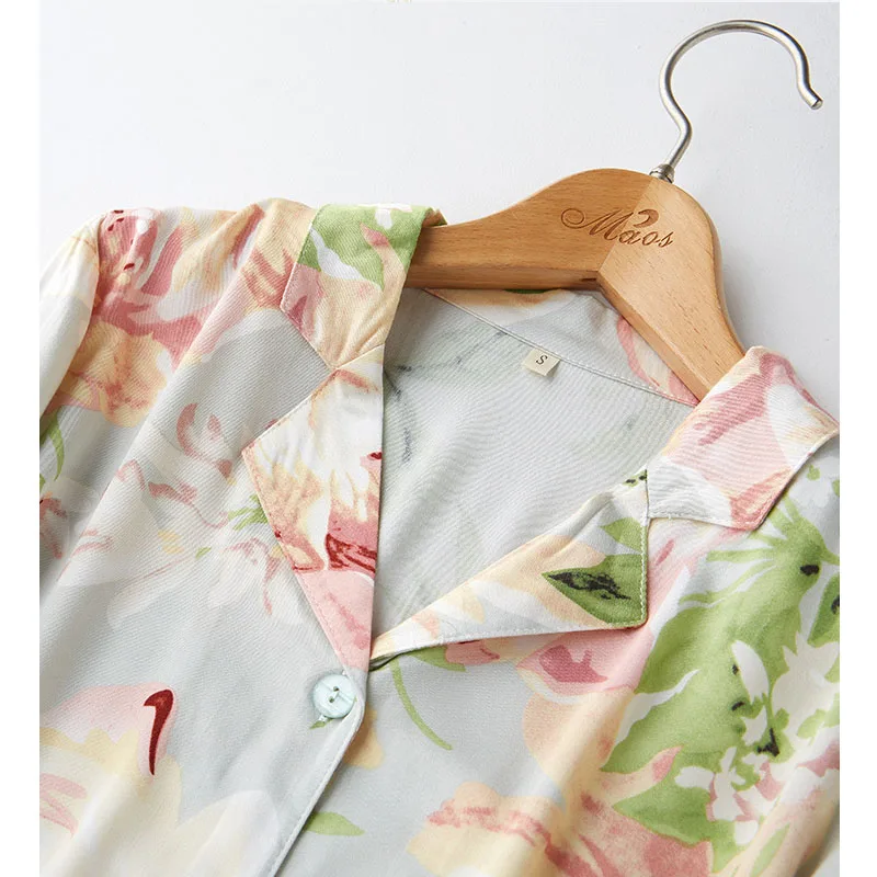 New women pajamas Turn-down collar satin pajamas set long sleeve and pants floral print casual home sleep female Home Clothes