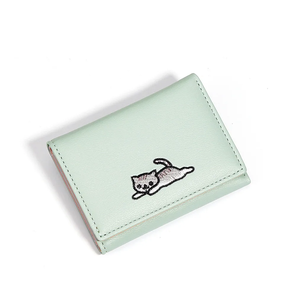 

Women Wallet Buckle Faux Leather Embroidery Cat Small Wallets Holder Clutch Card Coin Package Lady Purse PU Trifold