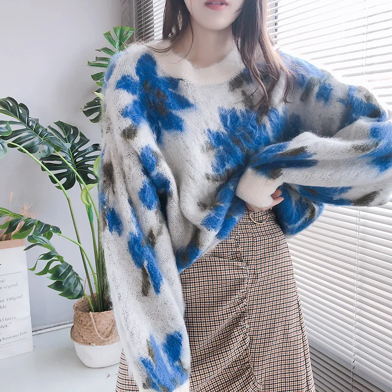 

Daishan] New Japanese jacquard leopard pattern Lantern Sleeve Mohair loose knitted sweater in autumn and winter of 2019