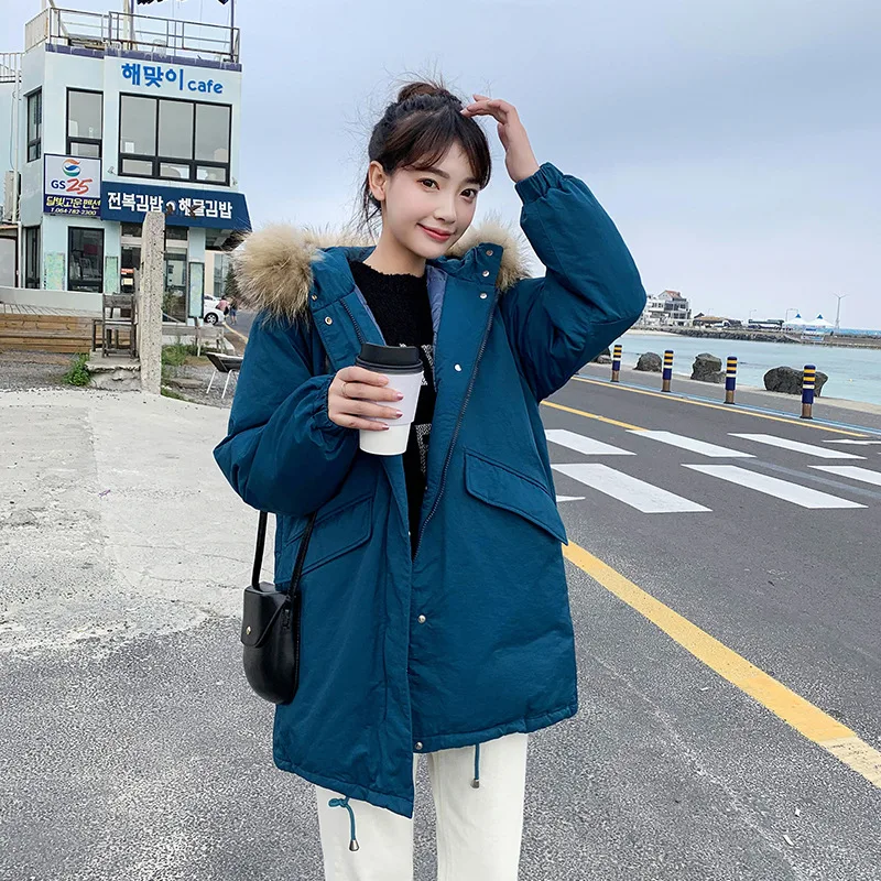 

2019 Winter New Style down Jacket Students Mid-length Large Fur Collar Hooded Korean-style Loose Thick BF Cotton Overcoat Fashio