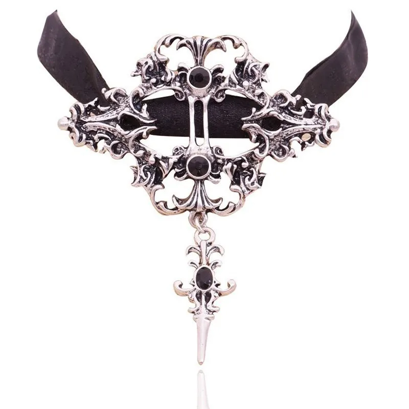 Вампирское ожерелье Дневники Кружева Красный Кристалл крест кулон готический панк ожерелье для женщин мужской костюм для Хэллоуина вечерние ювелирные изделия - Окраска металла: black
