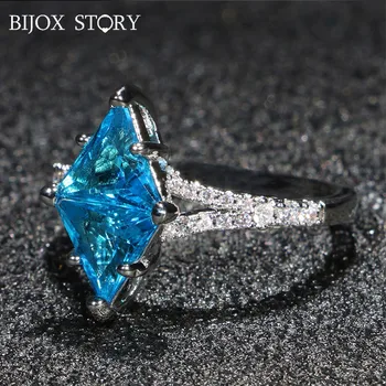 

BIJOX STORY 925 Sterling Silver Ring with Geometric Shaped Sapphire Gemstone for Women Fine Jewellery Wedding Anniversary Party